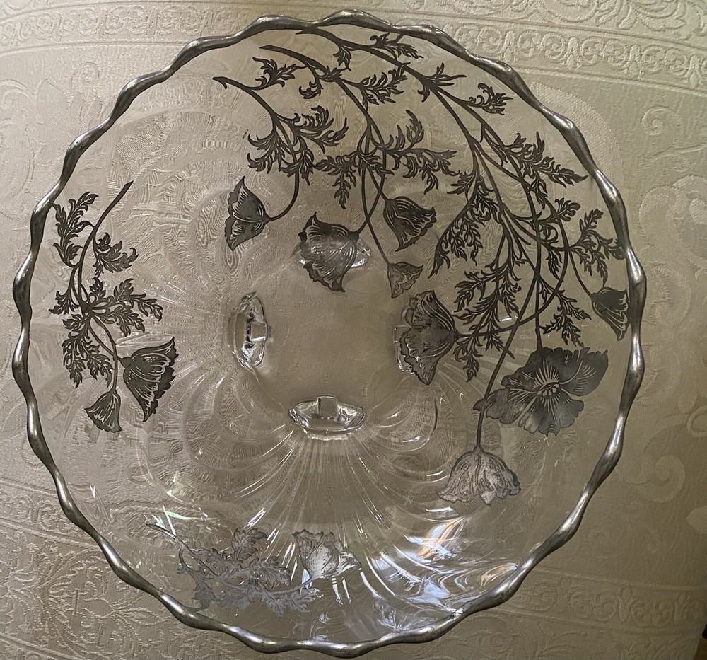 Sterling Silver Overlay Glass  Footed Bowl-Silver Edge-Outstanding Condition