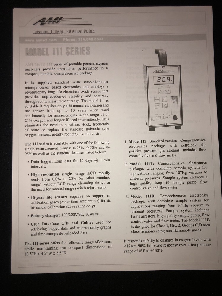 ADVANCED MICRO INSTRUMENTS Portable Percent OXYGEN ANALYZER Model 111 Series