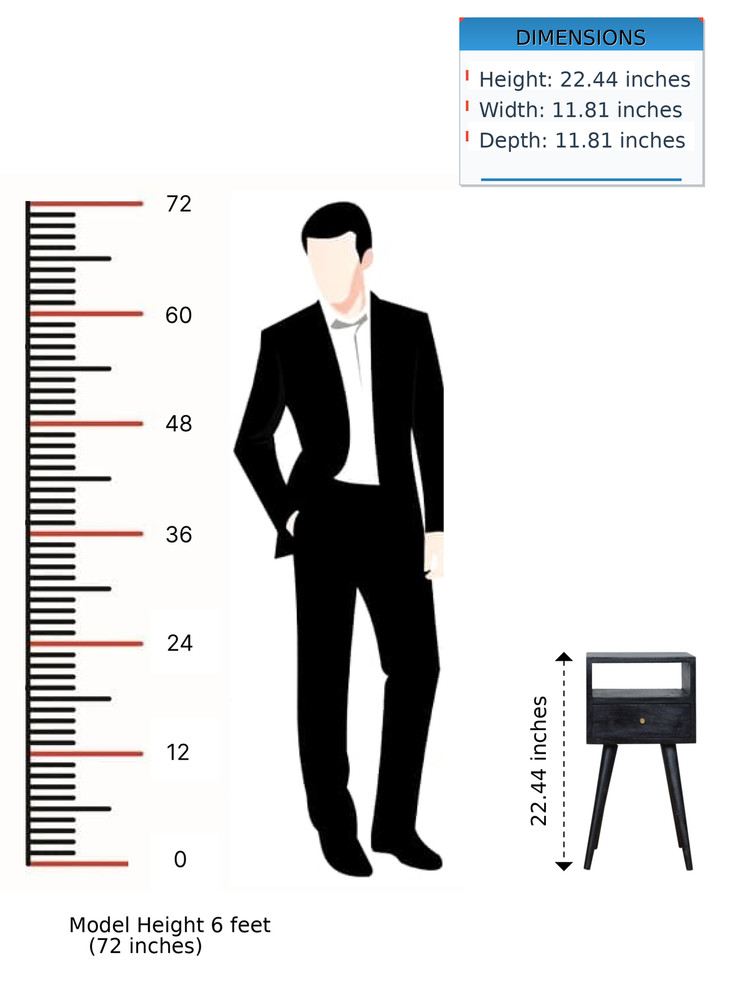 Solid Wood, Mini Nightstand, 1-Drawer, 1 Open-Slot, Ash Black