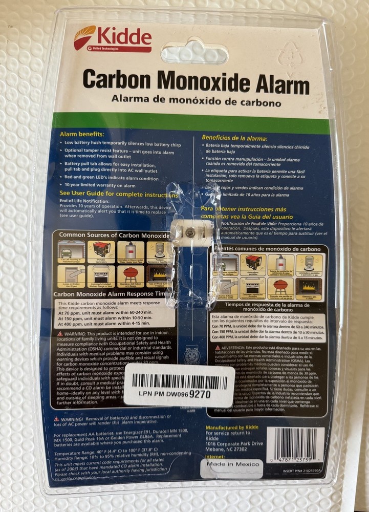 Kidde KN-COB-DP2 Carbon Monoxide Alarm AC Powered PlugIn w/ Battery Backup