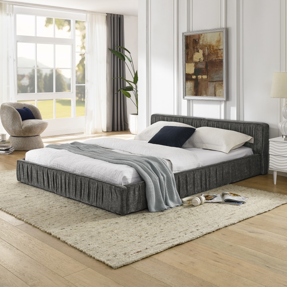 Queen Upholstered Bed Frame w/ Headboard & Platform Base, Beige