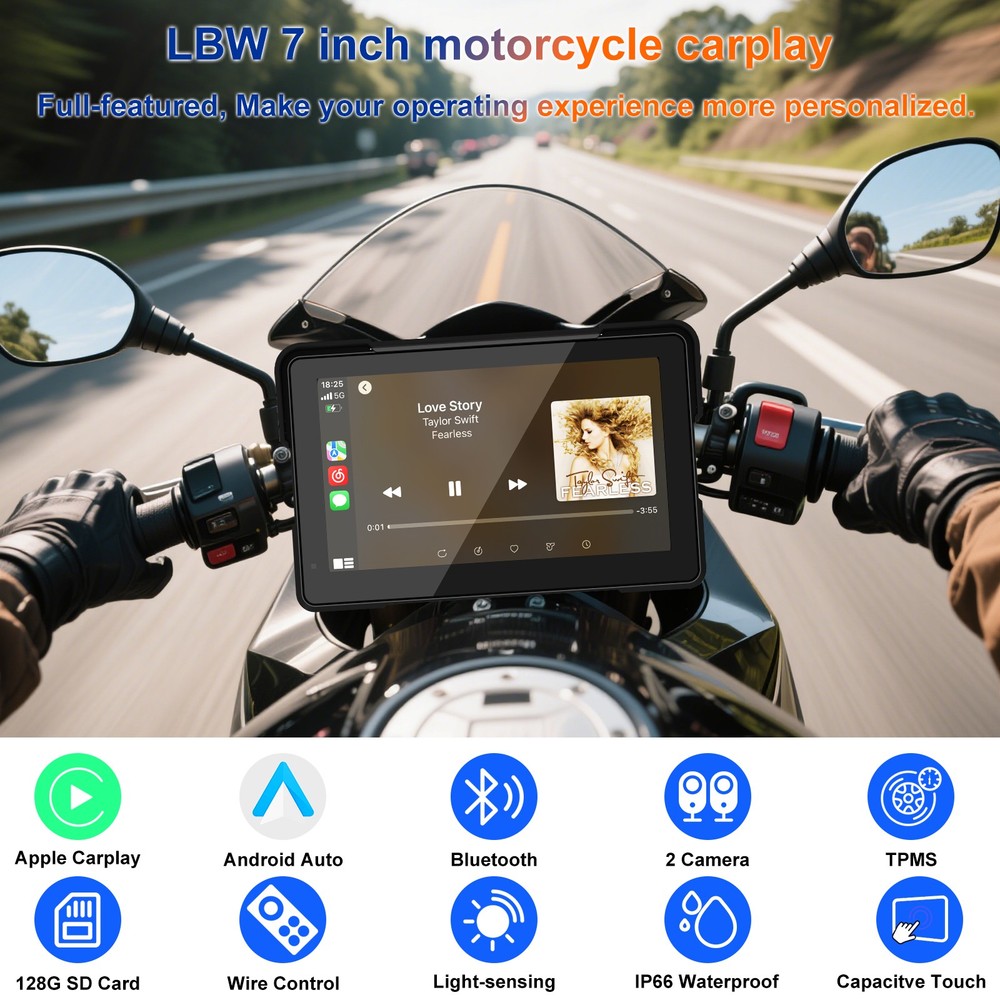 7" Wireless Motorcycle CarPlay Android Auto GPS Navigation Dual 2K Dash Cam TPMS