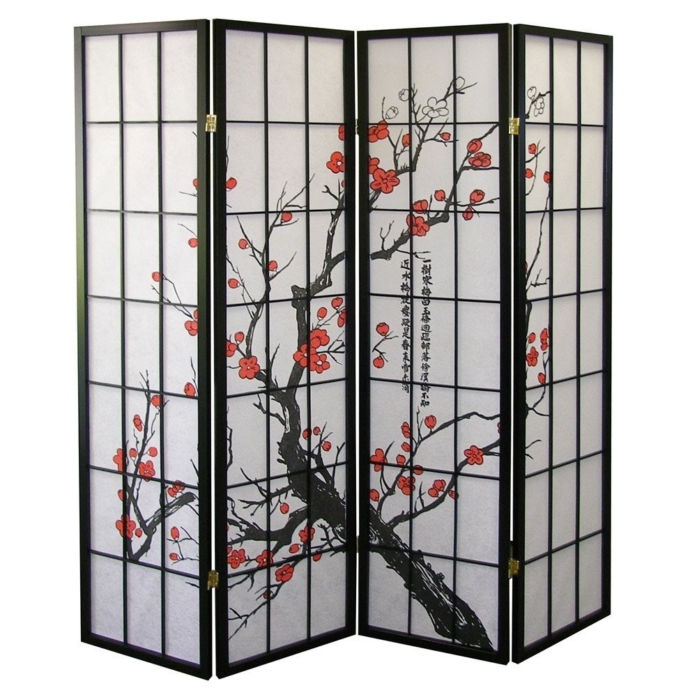 Japanese 4 Panel Room Divider Screen Black with Plum Blossom