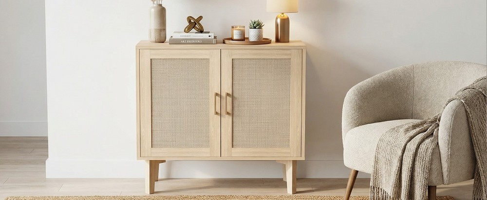 ↑Buffet Cabinet With Rattan Decor Doors Solid Wood Feet Multifunctional