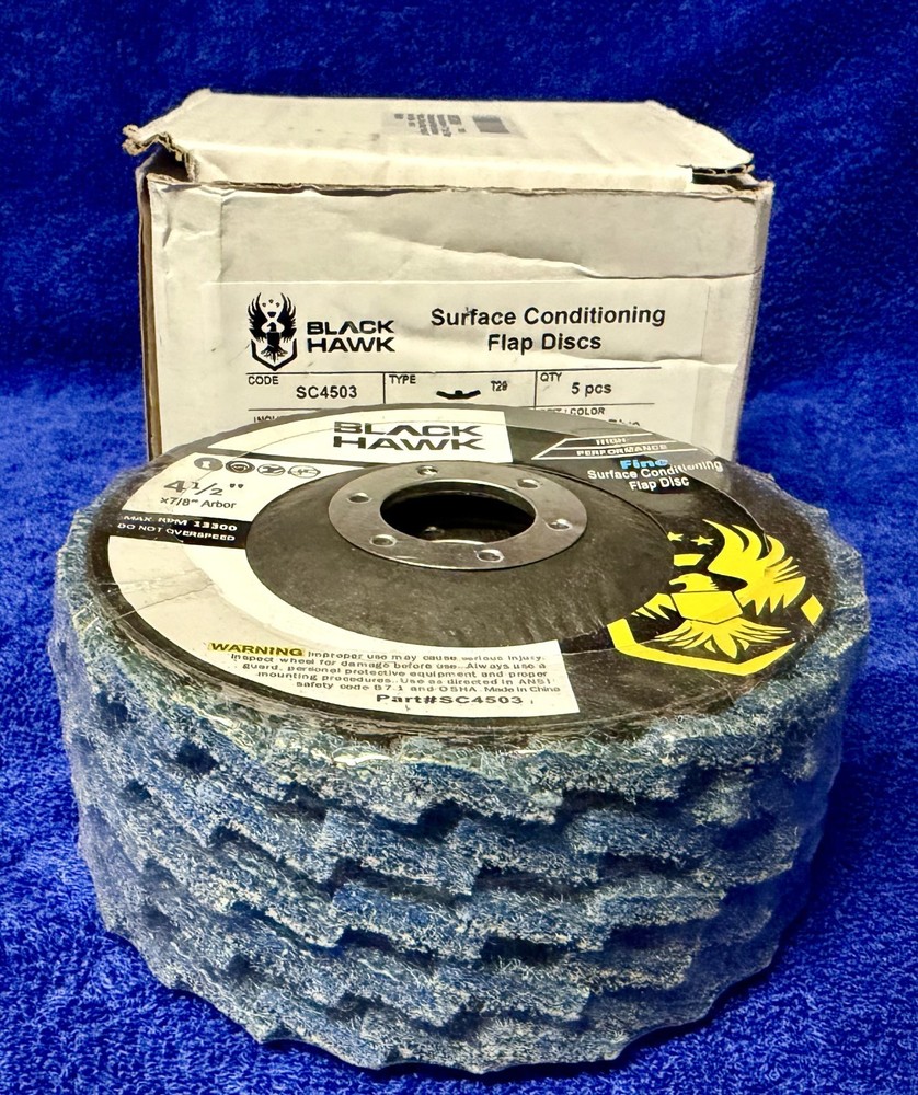 5 Pack - 4-1/2" x 7/8" Black Hawk Surface Conditioning Flap Discs, Blue - Fine