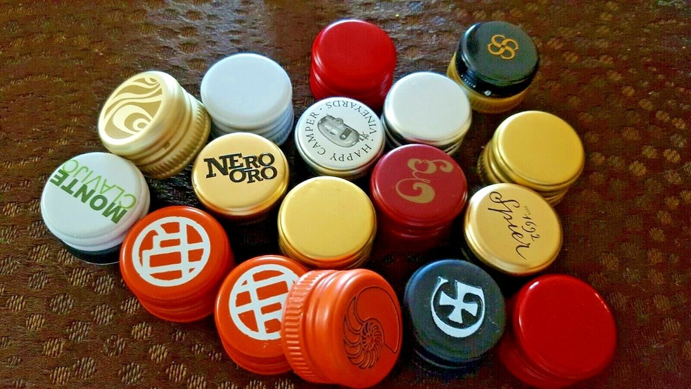 100 Used Recycled Wine Screw Caps with Various Designs Some Solid Colored