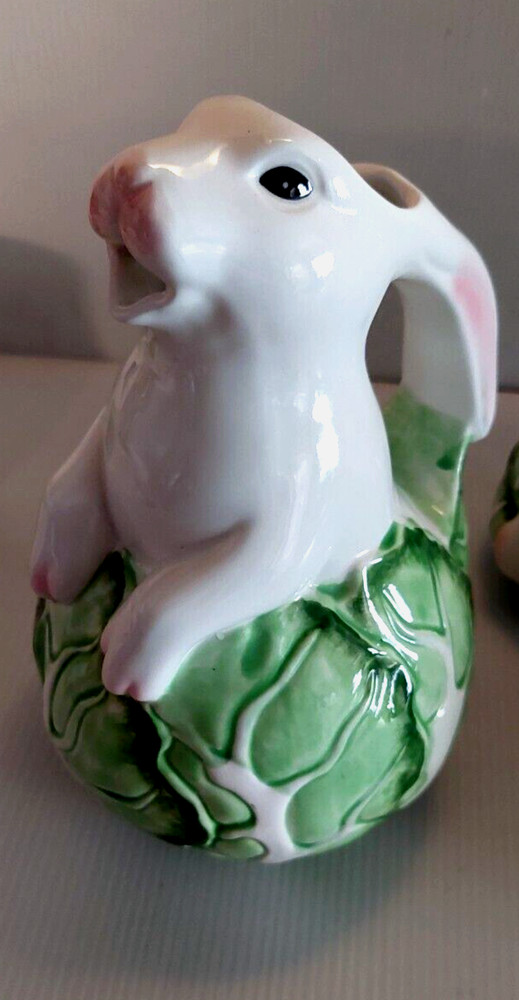 Bunny Rabbit in Cabbage Pitcher Rabbit  8" Tall Green and White Easter Spring