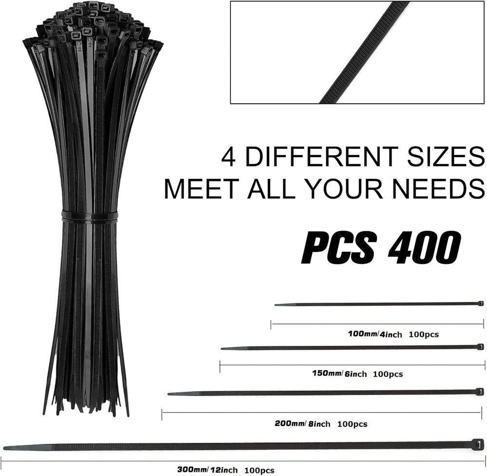 400 Pack Assorted Sizes Black Zip Ties - Self-Locking Nylon Cord Management