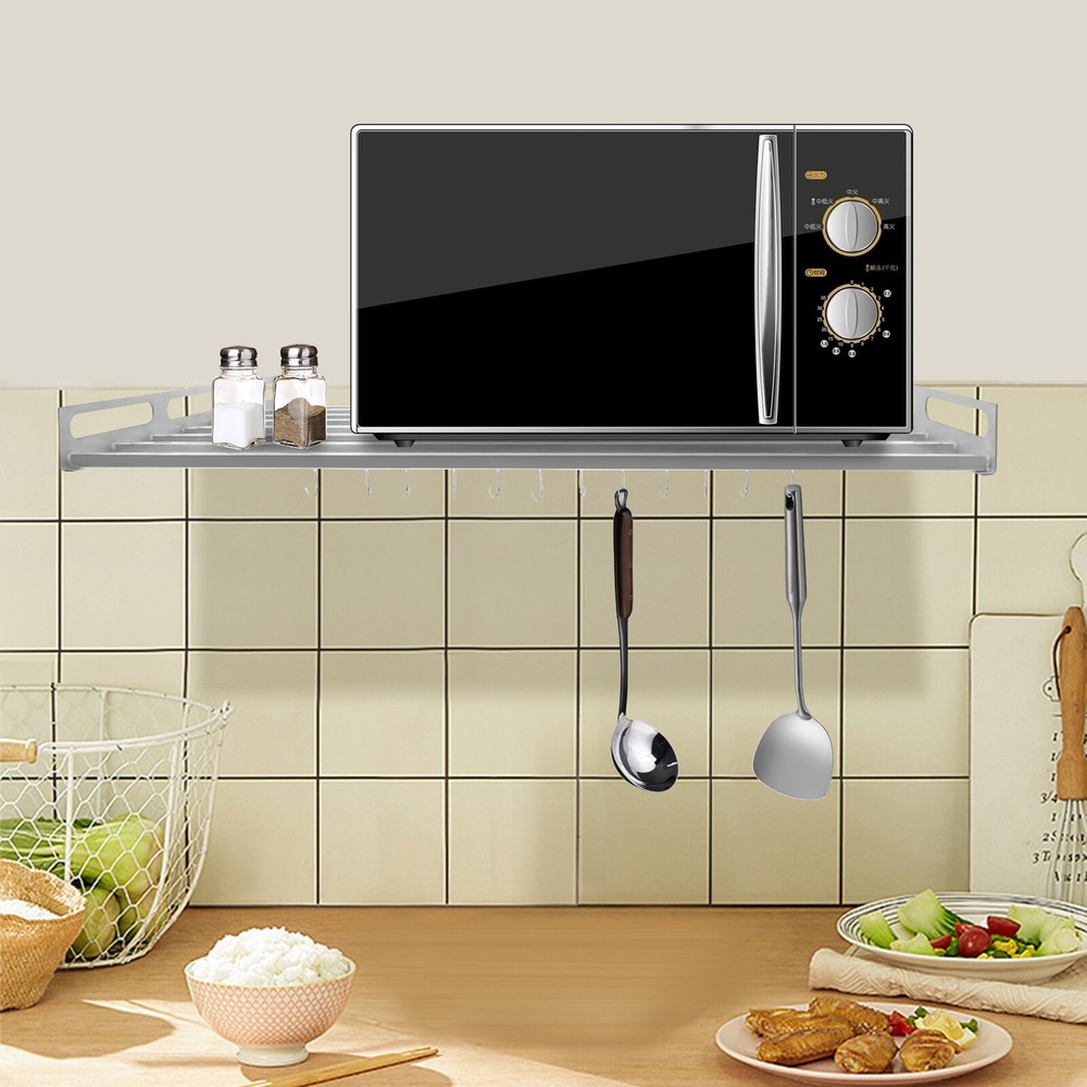 Wall Mount Microwave Oven Shelf Kitchen Item Storage Bracket W/12Hooks Stainless