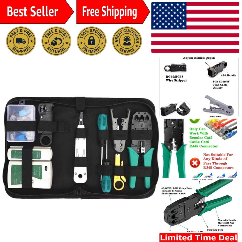 Portable Network Tool Kit with Crimping Tool & Cable Tester - 11 Essential Tools