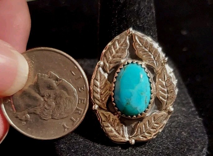 New Sterling Silver & Kingman Turquoise Adjustable Ring with Leaf Design