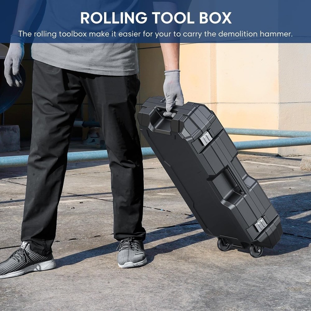 1700W Electric Jack Hammer with 360° Handle & Versatile Tool Kit in Rolling Case