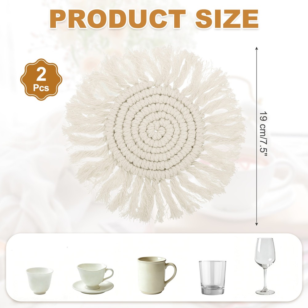 2Pcs Boho Coasters, Woven Drink Coasters with Tassel, Beige