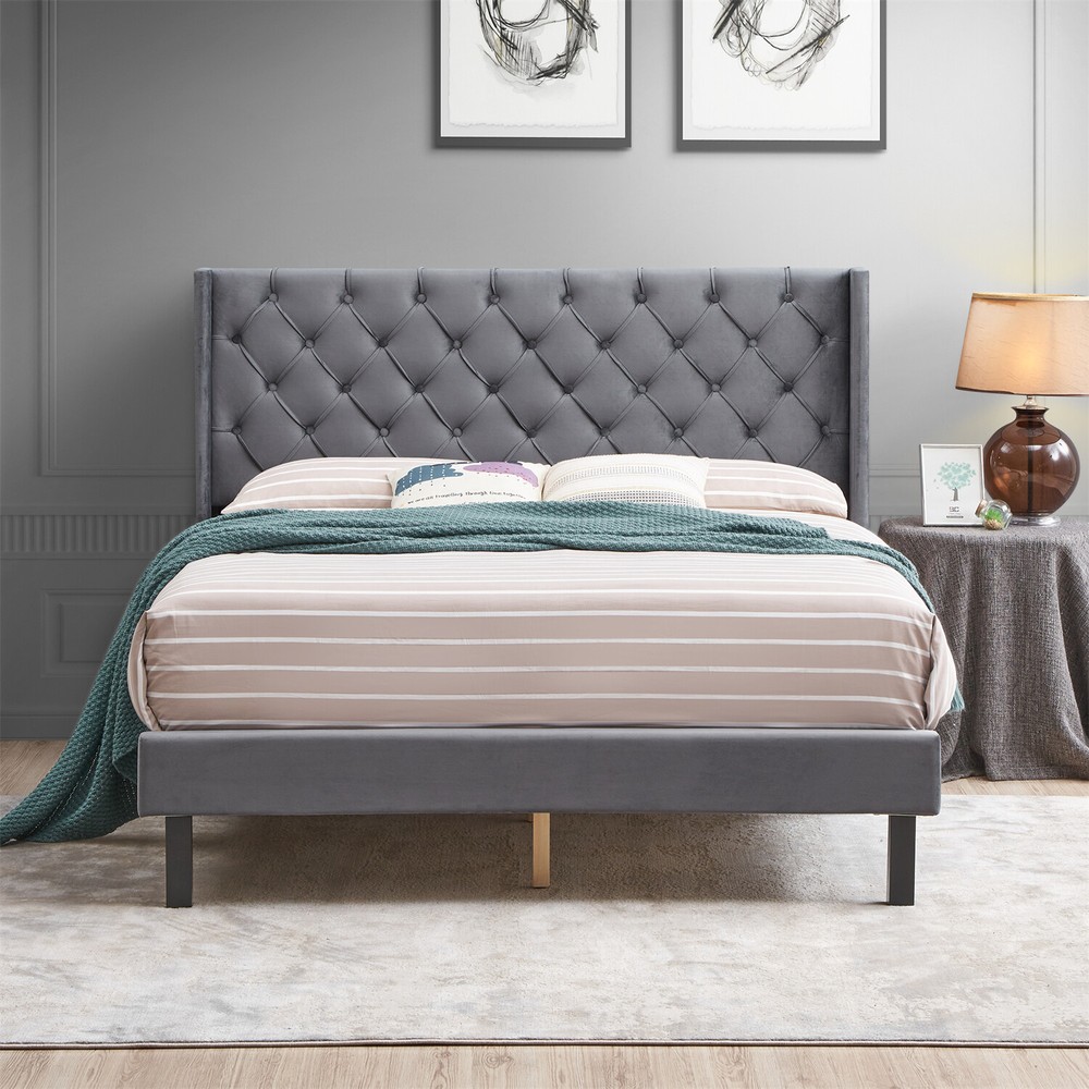 Queen Size Bed Frame Upholstered Platform Bed w/ Upholstered Headboard US