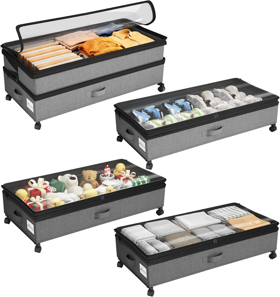 4 Pack Height-Adjustable Under Bed Shoe Storage with Wheels - Gray
