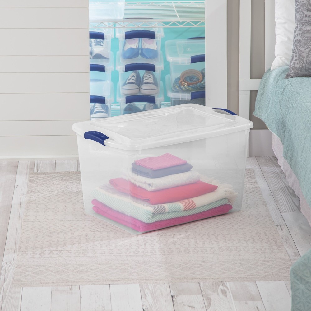 Large Storage Bin, 66 Quart Clear Plastic Storage Container with Latch Lid, Blue