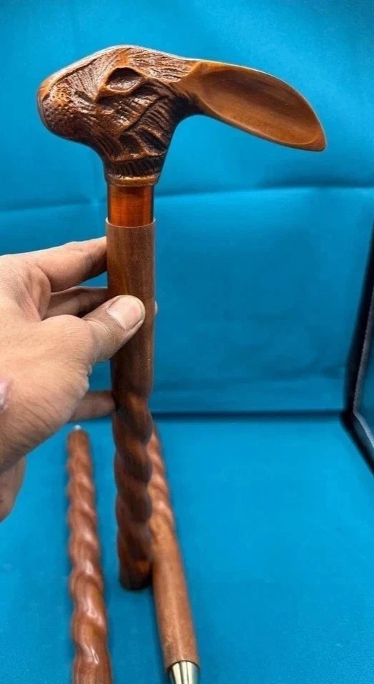 36'' Victorian Solid Rabbit Head Handle Wooden Walking Stick Cane For Him