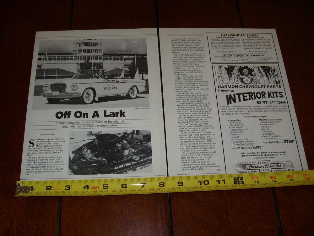 1962 STUDEBAKER LARK INDY 500 PACE CAR ORIGINAL 1985 ARTICLE