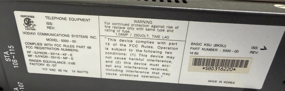 Vodavi Communications Systems Model 5000-00 Basic KSU Key Service Unit