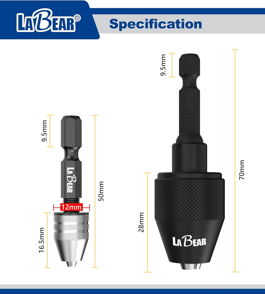 LABEAR - Drill Chuck Keyless Mini Adapter ¼ Inch Hex Shank | 0.3-3.2Mm Capacity