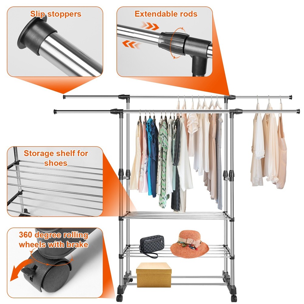 Single/Double Adjustable Clothes Hanger Rolling Garment Rack Duty Rail Organizer