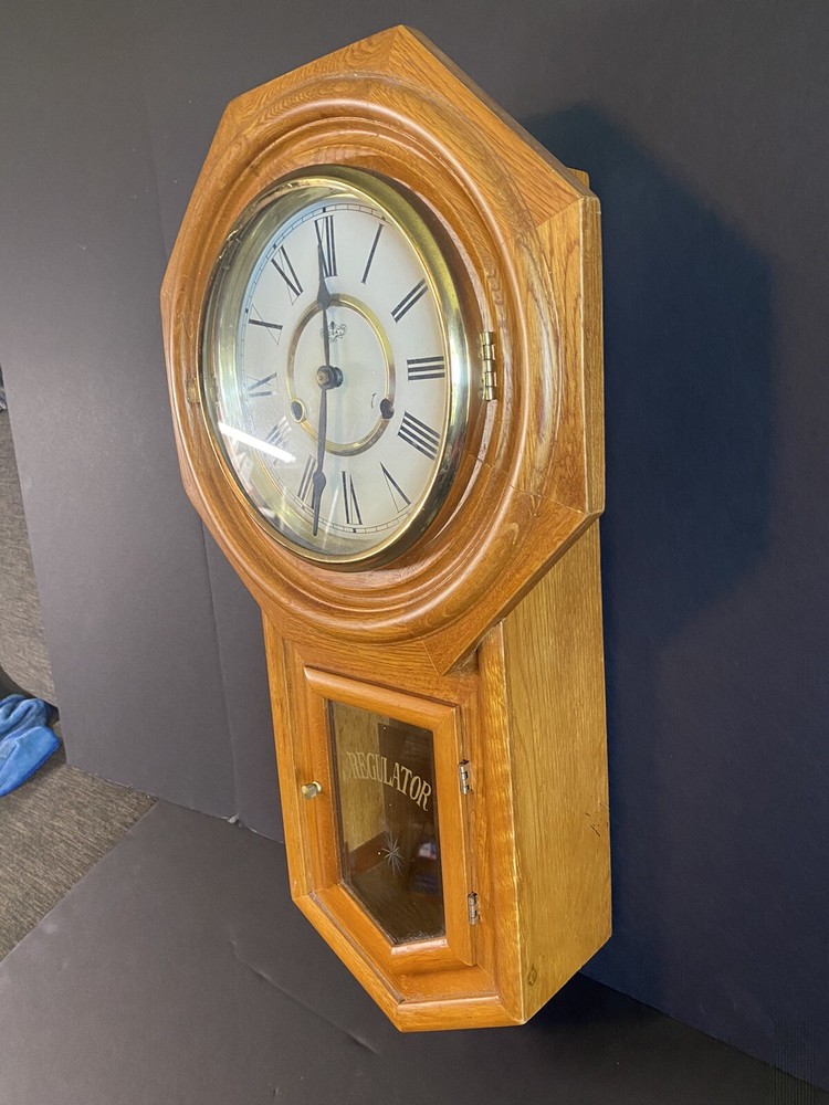 Functioning Vintage D & A Schoolhouse Regulator Wall Clock chiming with pendulum