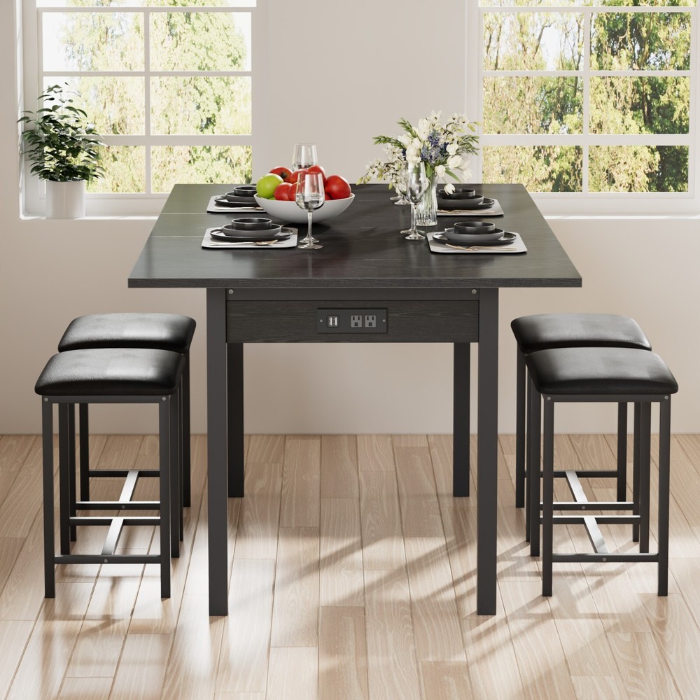Extendable Dining Table Set with USB Charging, Kitchen Table with 6 Stools Black