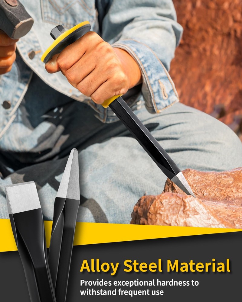 Firecore 3PCS Heavy Duty Masonry Rock Chisel Set w/ Hand Guard - Point & Flat