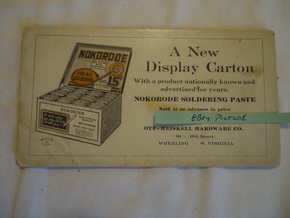 Blotter - Nokorode Soldering Paste Ott-Heiskell Hardware Co WHEELING WV