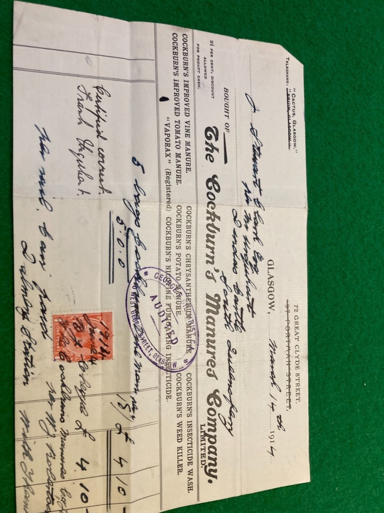 DUNDAS CASTLE 19/13 CM RECEIPT 1914