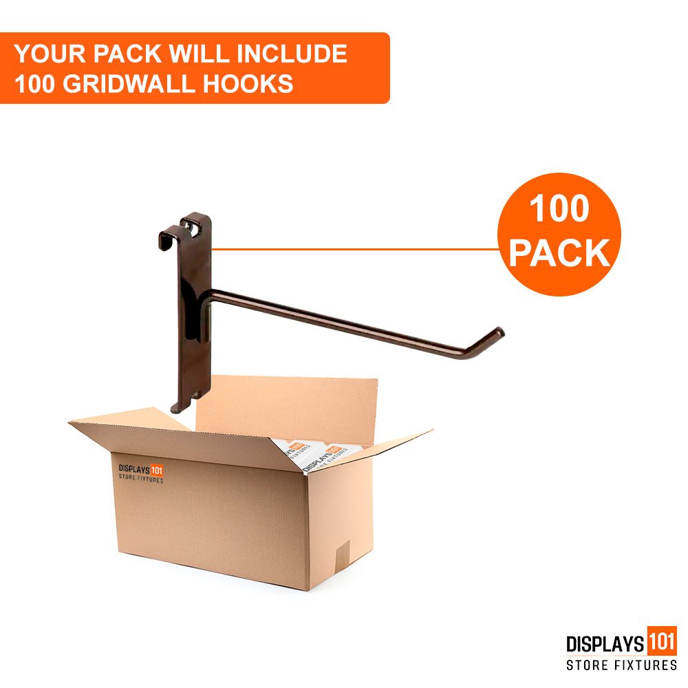 6" Gridwall Hooks | 100-Pack Black Hooks For Grid Panel Displays - NEW