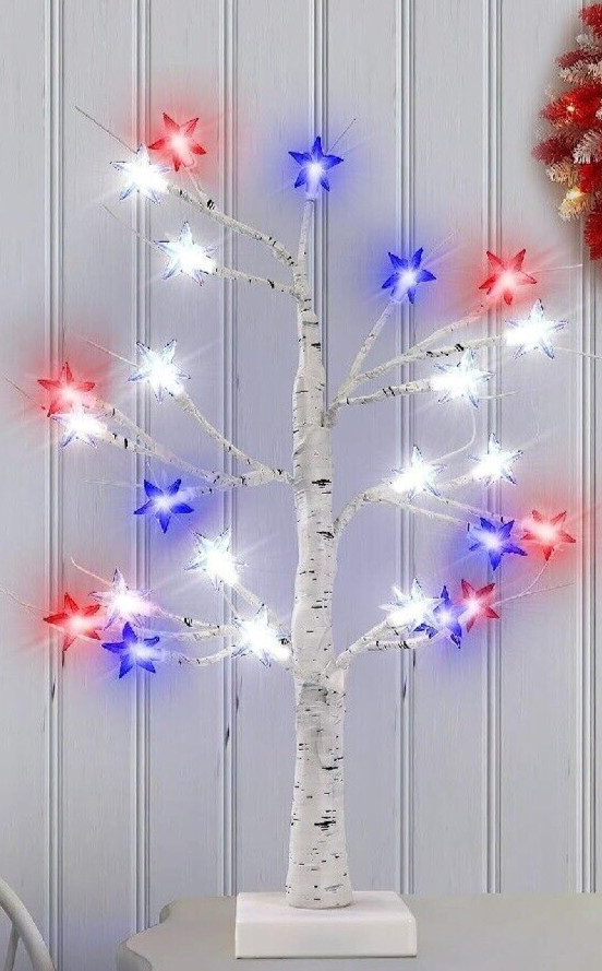 JULY 4th Lighted Tabletop Birch Tree DAZZLE BRIGHT 4th Tree Display 2 PC
