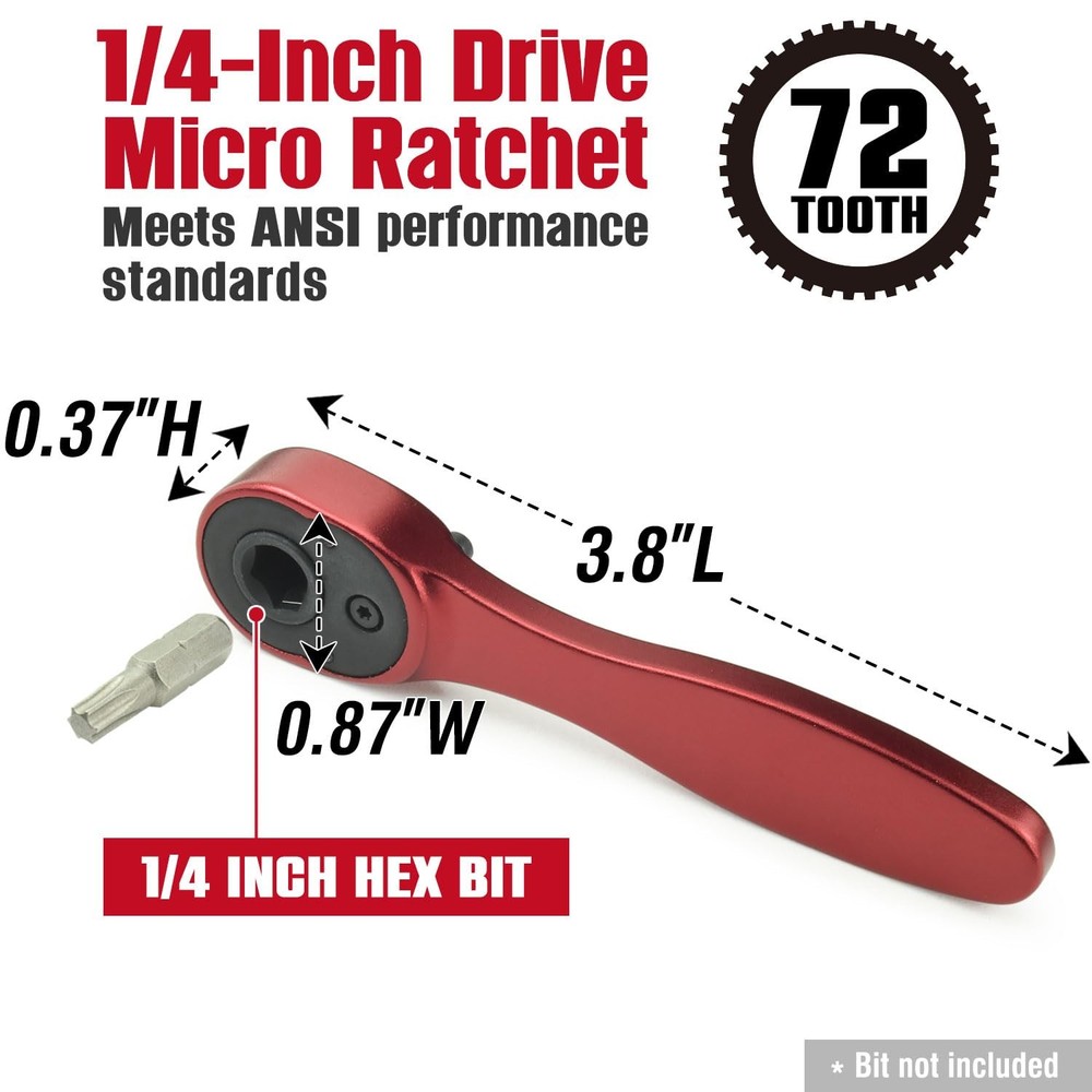 CROM 1/4-inch Drive Mini Ratchet - 72-Tooth Hex Bit Driver, Reversible Red