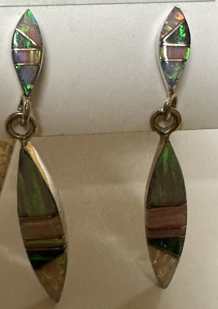 Sterling Silver Opal Inlay Dangle Earrings, Native American