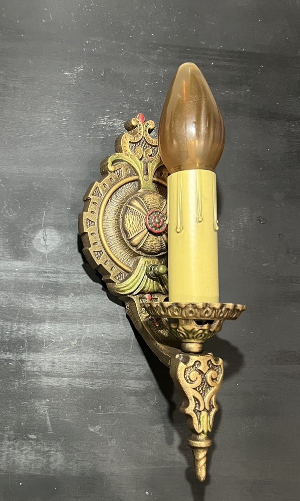 Great Pair Antique Wall Sconces Polychrome Finish 30J