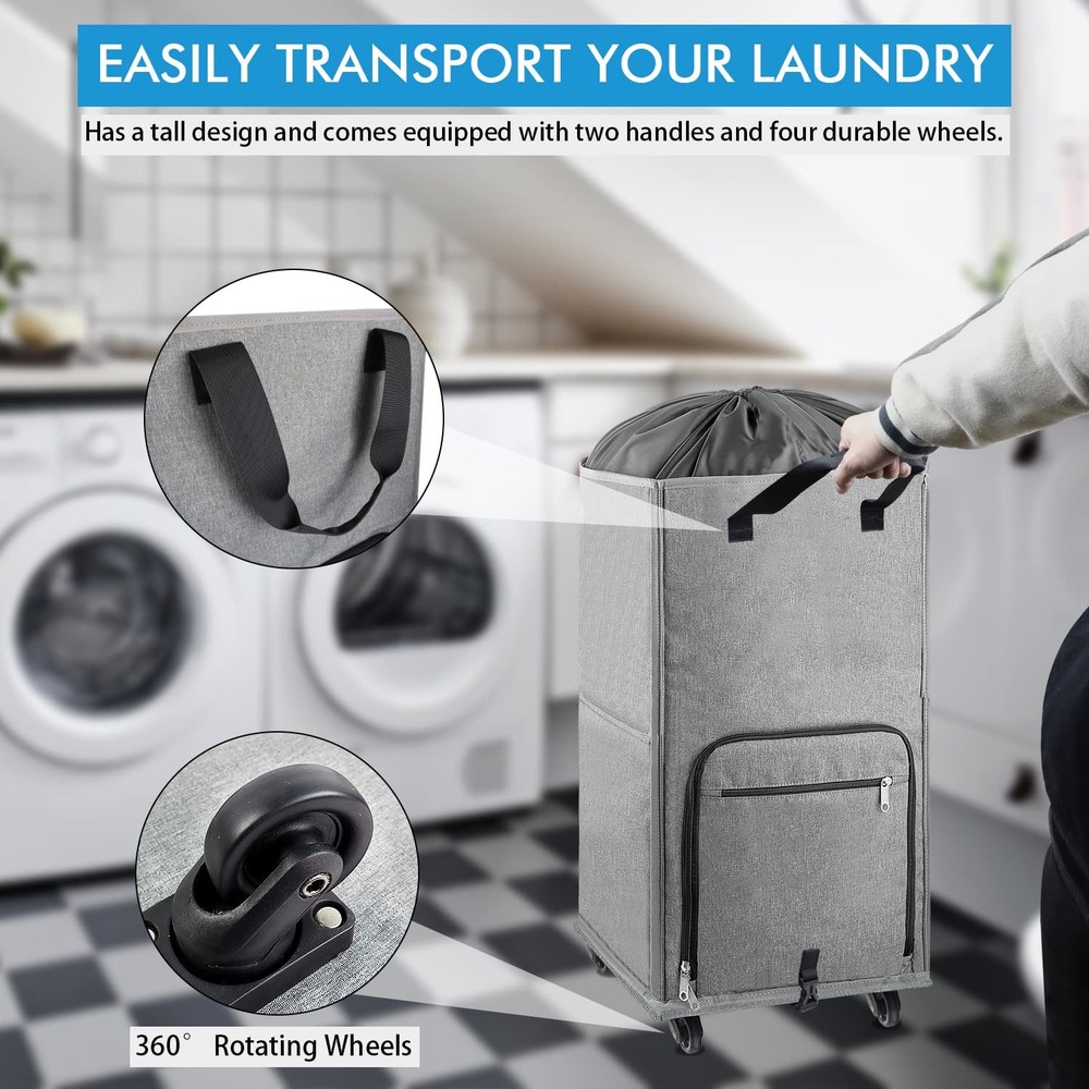 Laundry Hamper with Wheels, Large Rolling Laundry Basket with 4 Casters and 2...