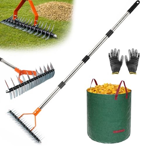Thatch Rake for Lawn, 15'' Wide Thatcher Rake with 40-70'' Adjustable Handle,