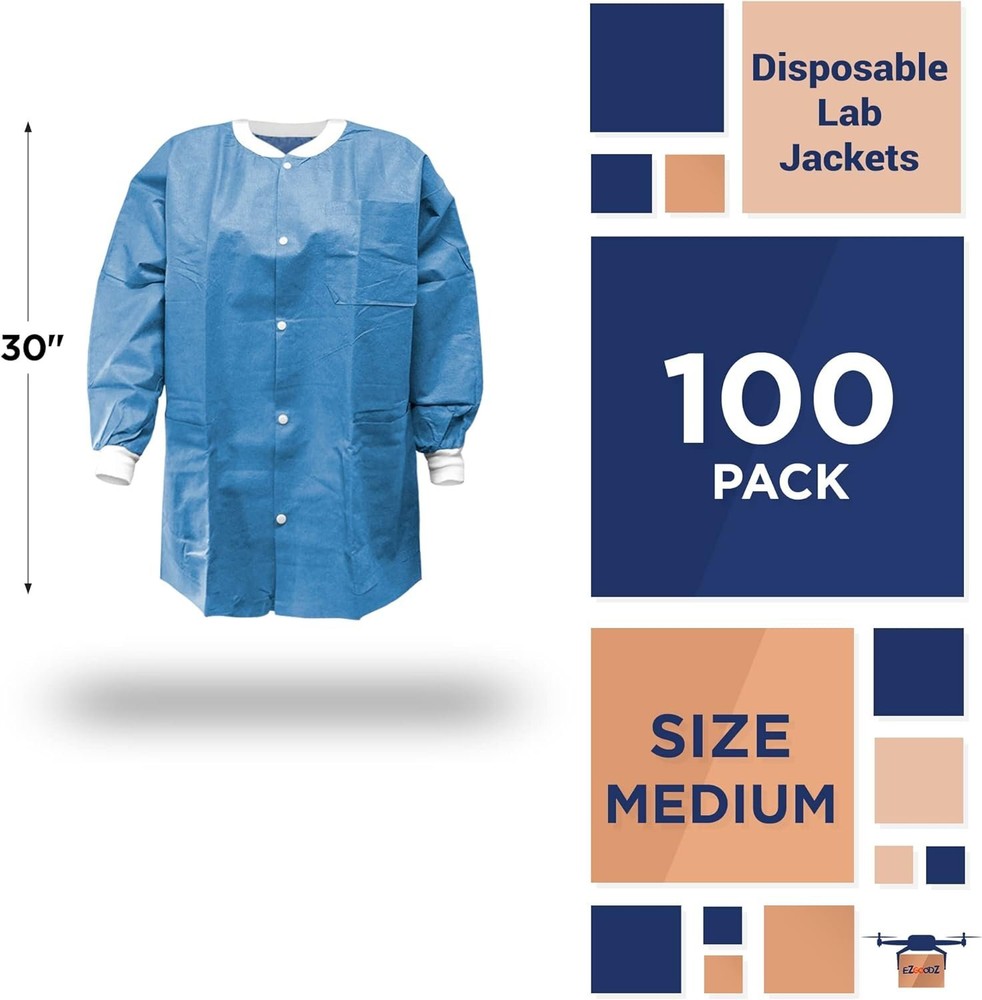 100 pcs Ceil Blue Disposable SMS Lab Coats Medium 30" Long 50 gsm /w Snaps Front