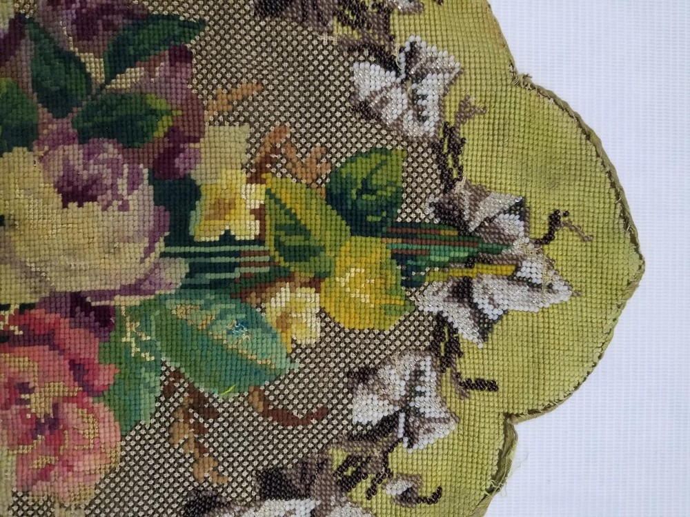 Antique Victorian Needlepoint & Beaded Work Floral Panel 48x42cm