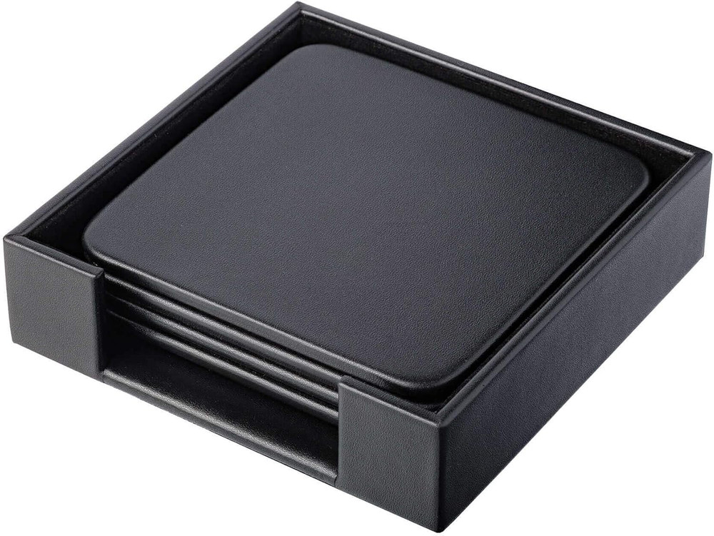 Classic Leatherette Coaster Set - Luxury Black Leatherette Square Coasters with