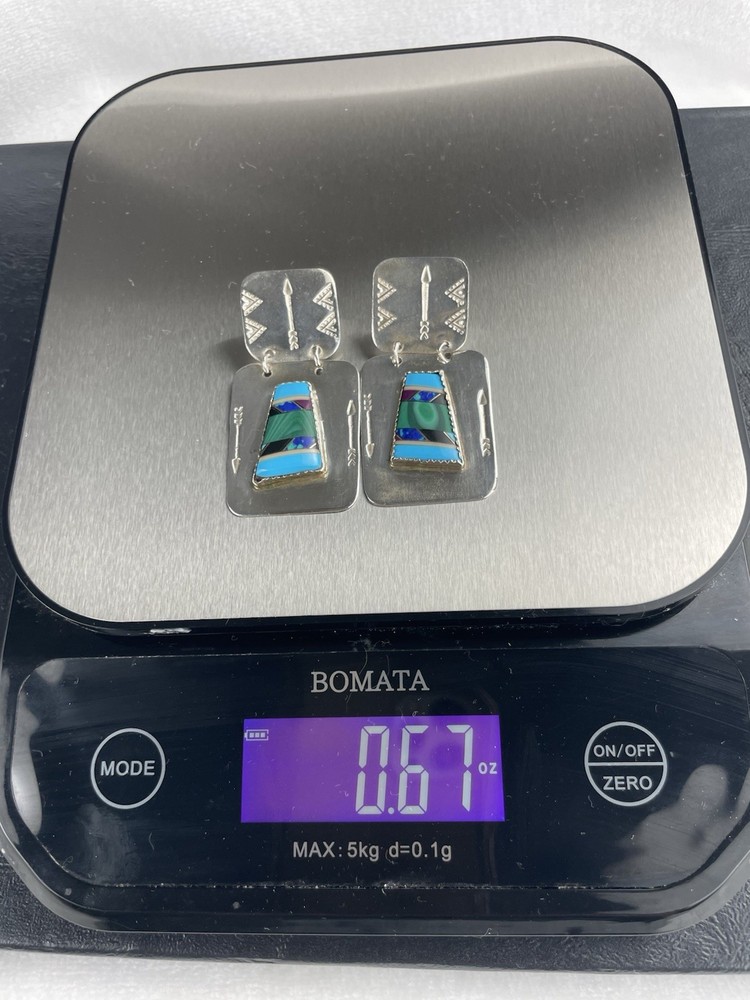 Native American Sterlin Silver Earrings Multi Color Turquoise Arrow Square