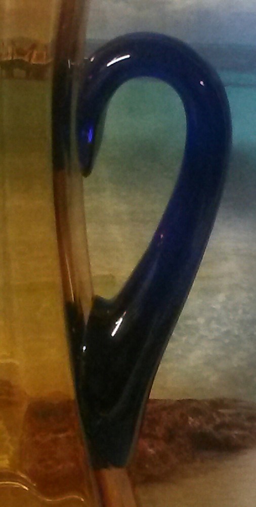 Amber Blown Glass Pitcher with Cobalt Blue Applied Handle