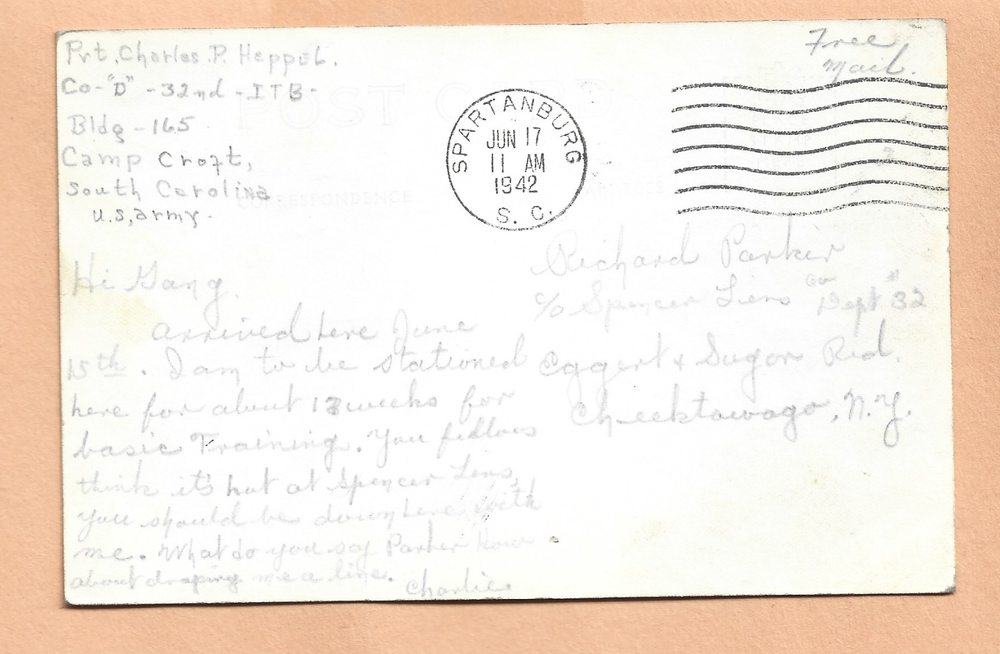 WORLD WAR II MILITARY PC MAIL RIFLE RANGE CAMP CROFT S.C 1942