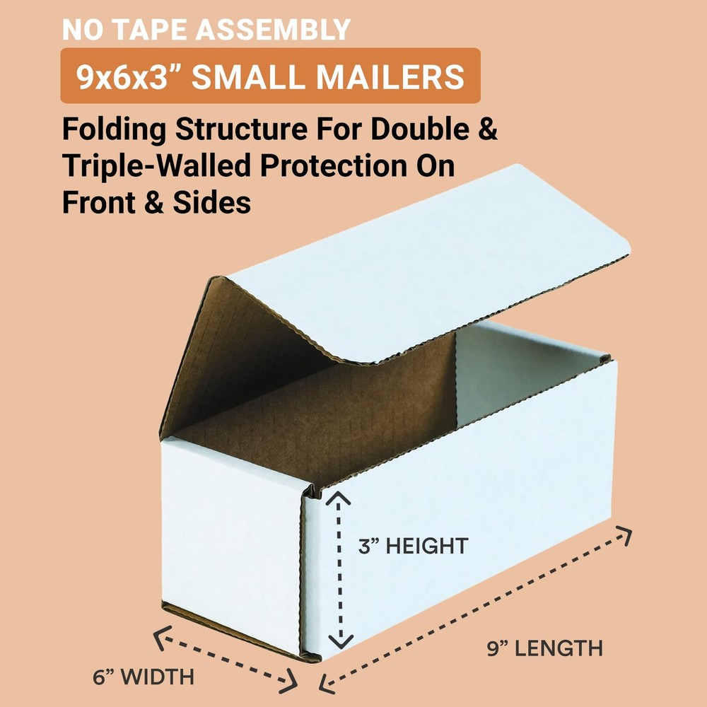 Aviditi White Corrugated Cardboard Mailing Boxes, 9x6x3" 50-Pack White,