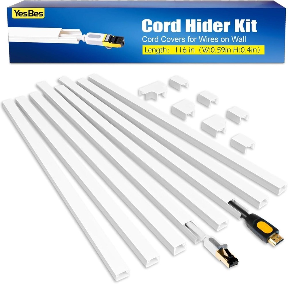 116in Cord Cover Cable Management Kit Wall Wire Hider Raceway White Set