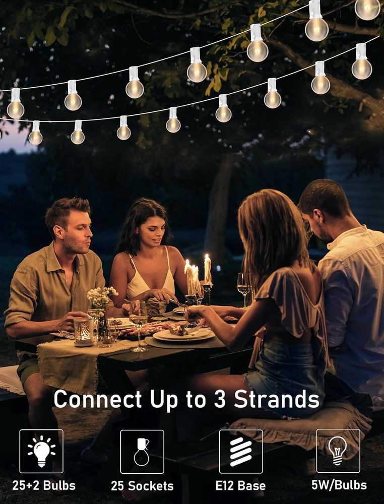 25FT Outdoor White String Lights with 27 Clear Bulbs, G40 Globe Patio String Lig