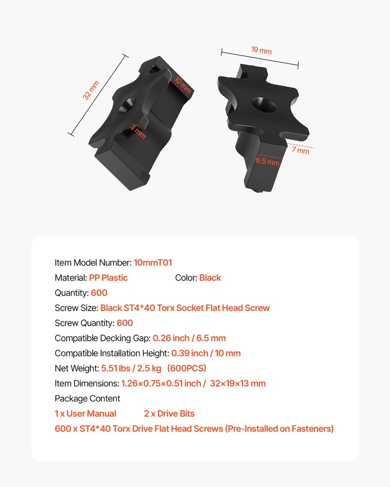 VEVOR 600PCS Hidden Deck Fasteners for Composite Decking Universal T Clips Black