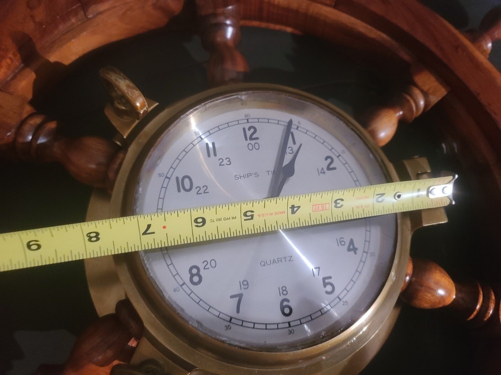 Wood Ships Wheel With Solid Brass Porthole Ships Time Quartz Clock, 24" Diameter