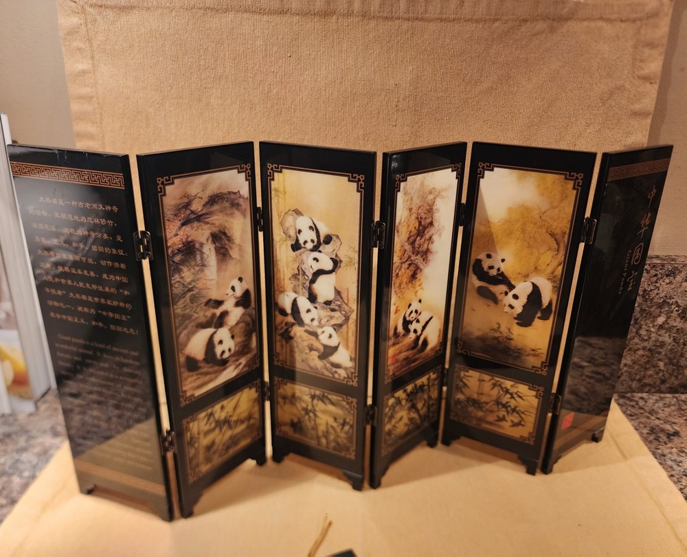 MINI Chinese Panda Folding 6 Panel Lacquer Screen Divider In Box Pls Read