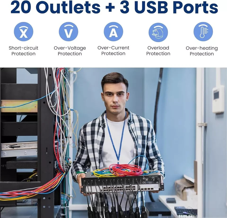 Technical Pro 20 Outlet 4 USB Port Rackmount Power Supply and Surge Protector